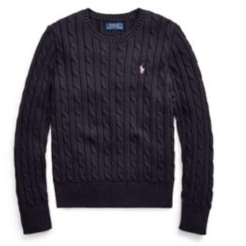 EUC. Size Small (7) Polo Ralph Lauren Girls Navy Cable Knit Sweater w/Pink Pony